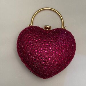 Ramla Pink Rhinestone Heart Shaped Evening Clutch Bag Gold Crossbody Purse New